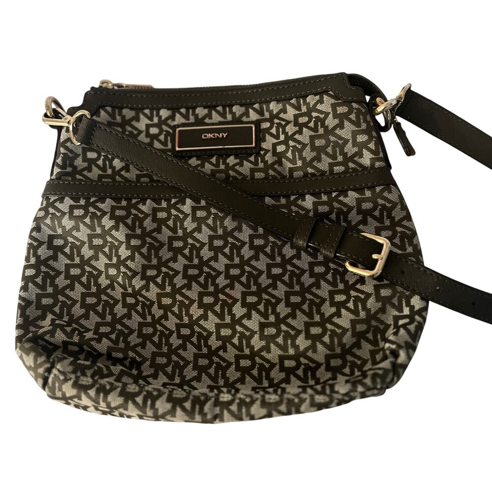 DKNY Signature Monogram Crossbody Bag Brown Canvas Leather Trim Y2k - Sample